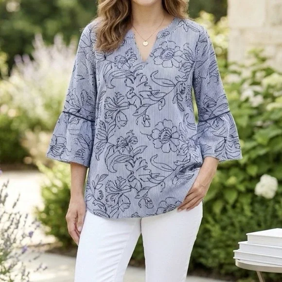 Tru Luxe Jeans XL Top Striped Floral Embroidered Pullover Boho-Chic Blouse - Picture 14 of 14